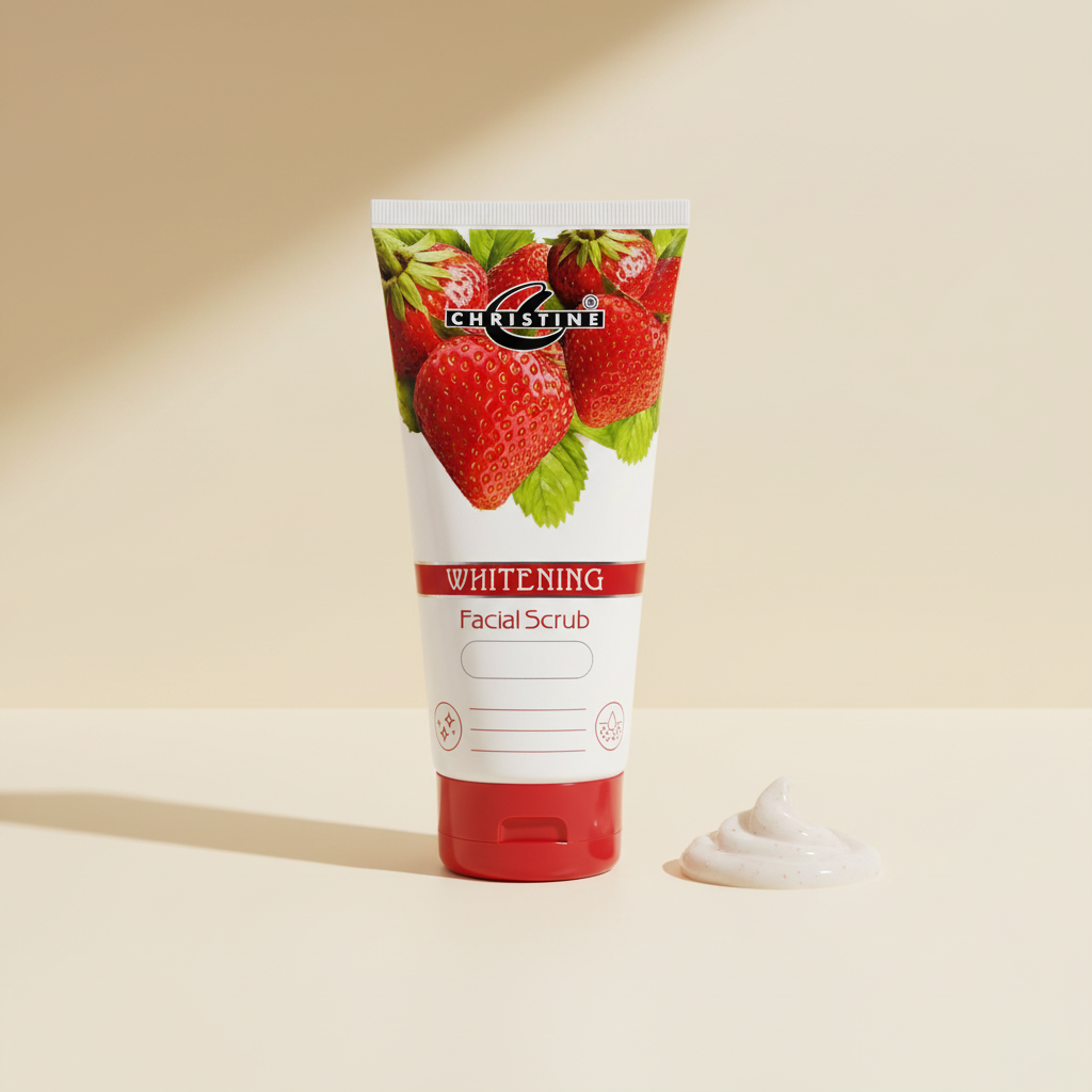 Red Christine facial scrub cream tube with a small amount of cream on a warm ivory surface