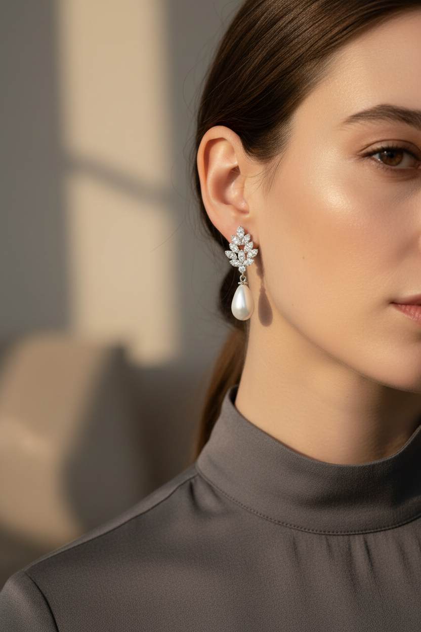 Pearl drop zircon earring with leaf motif and teardrop pearl worn in an editorial close-up