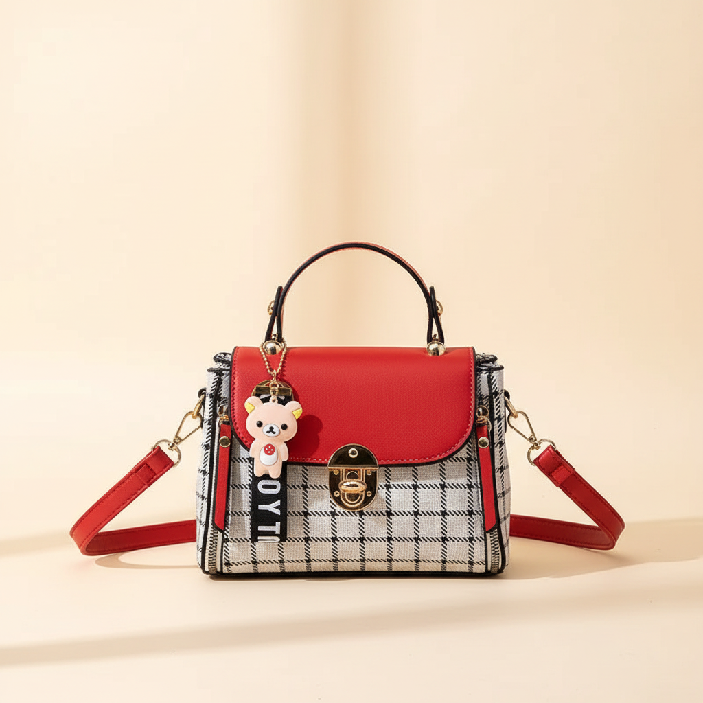 Red plaid mini crossbody bag with bear charm on a warm ivory background