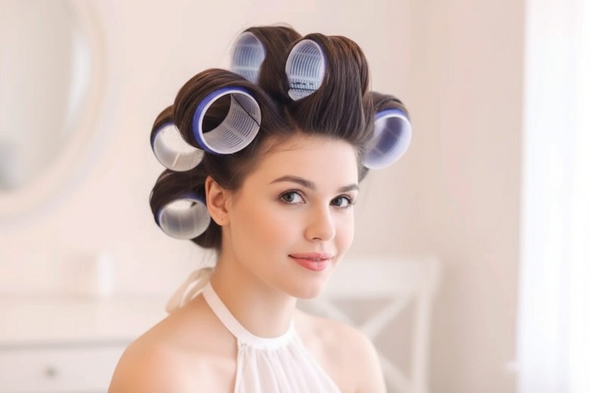 Woman in a bright ivory interior with her dark hair styled in self-grip curling rollers