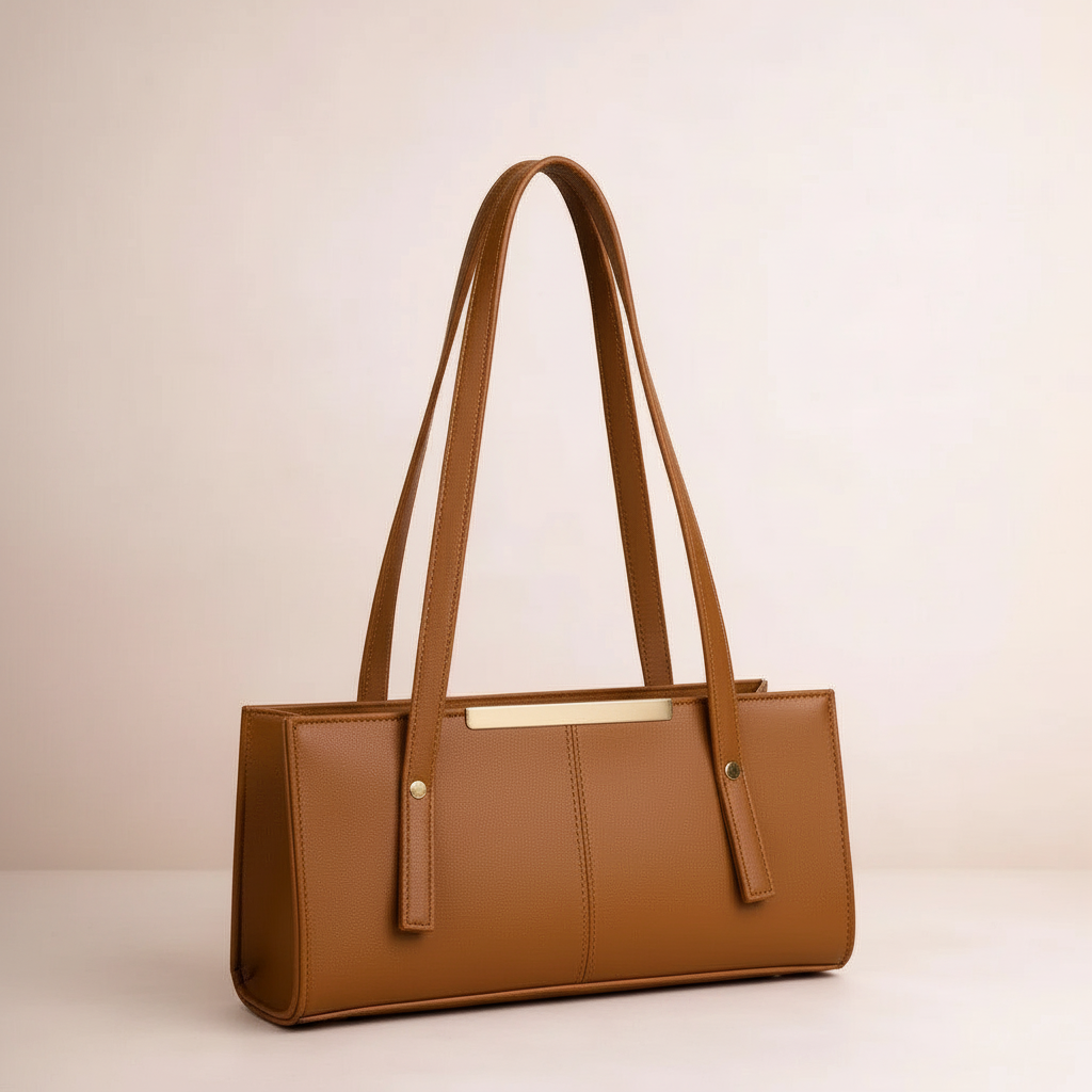 Close detail of brown rexine handbag showing stitching, long handles, central seam, and gold-tone bar