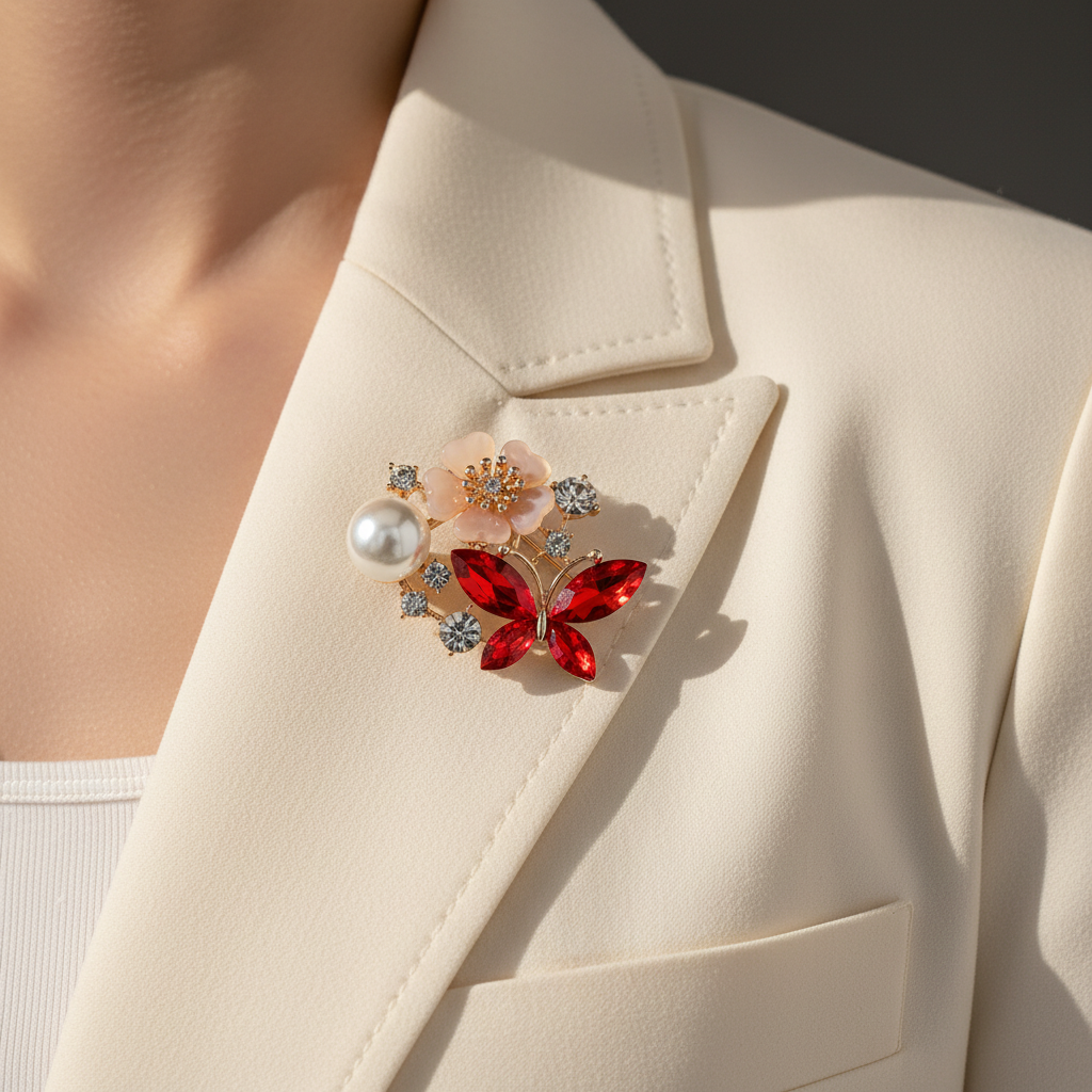 Red pearl and crystal butterfly brooch pinned to an ivory blazer
