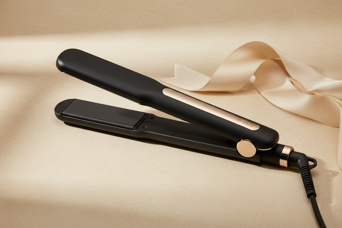 Black professional hair straightener styled on a warm ivory luxury beauty surface