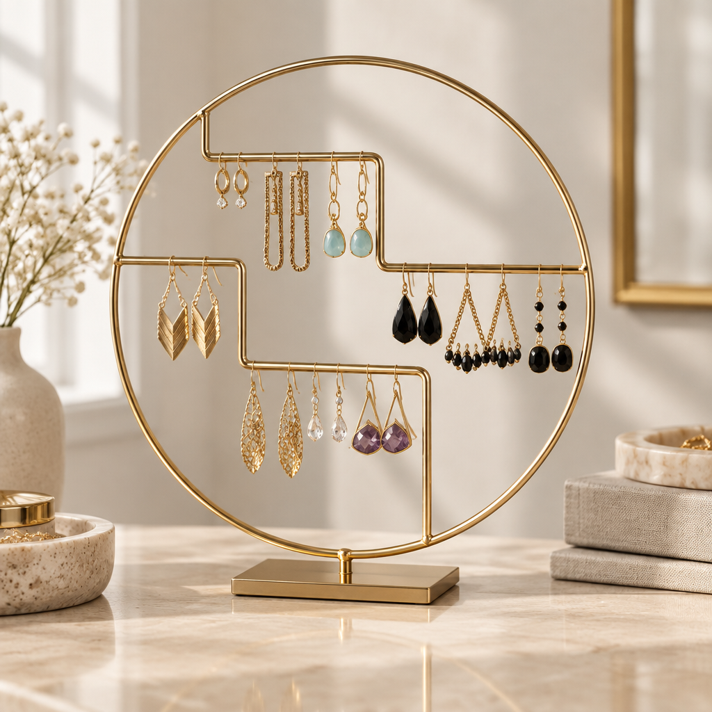 Jewelry stand styled on a vanity