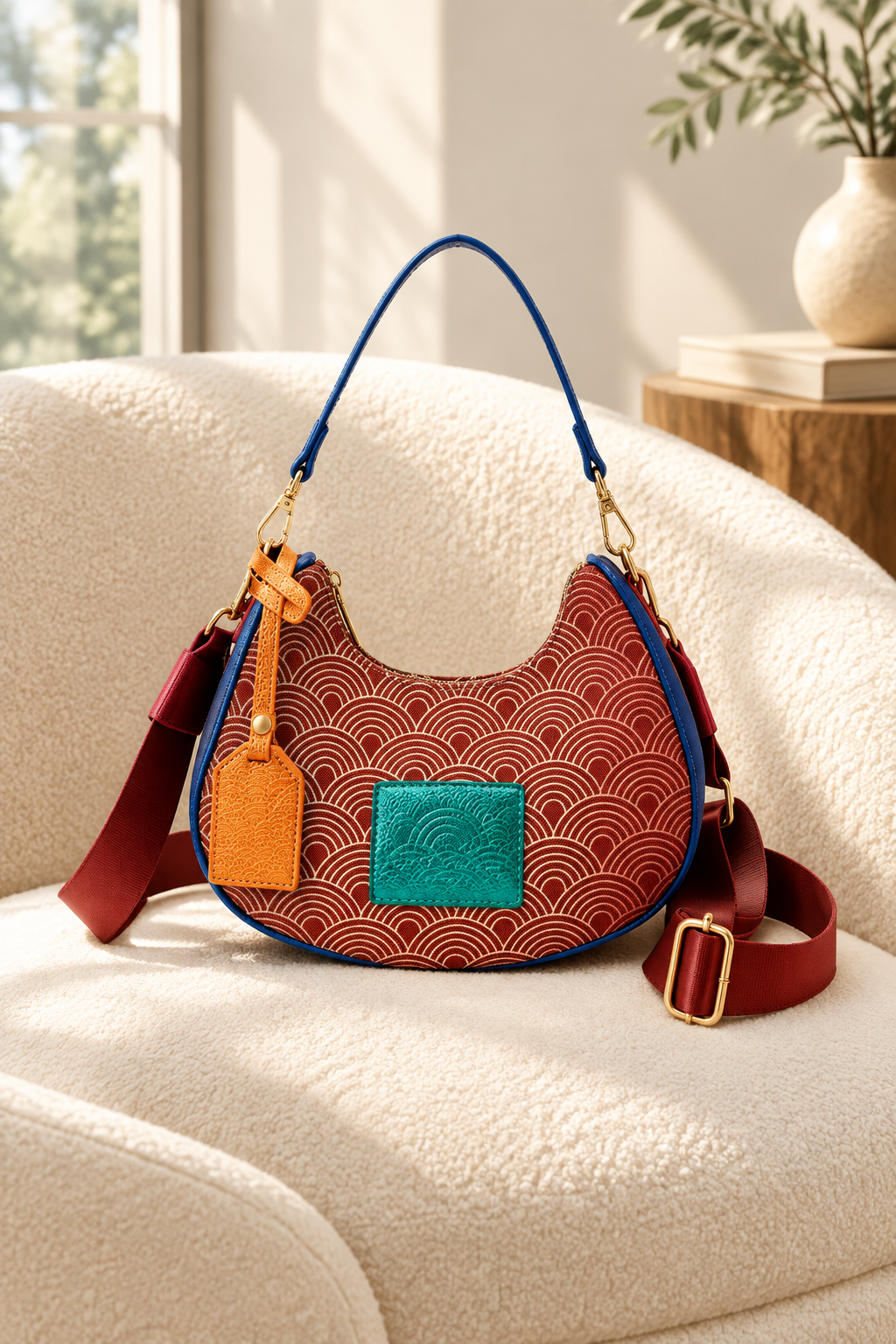 Red printed dumpling bag in a softly lit editorial setting