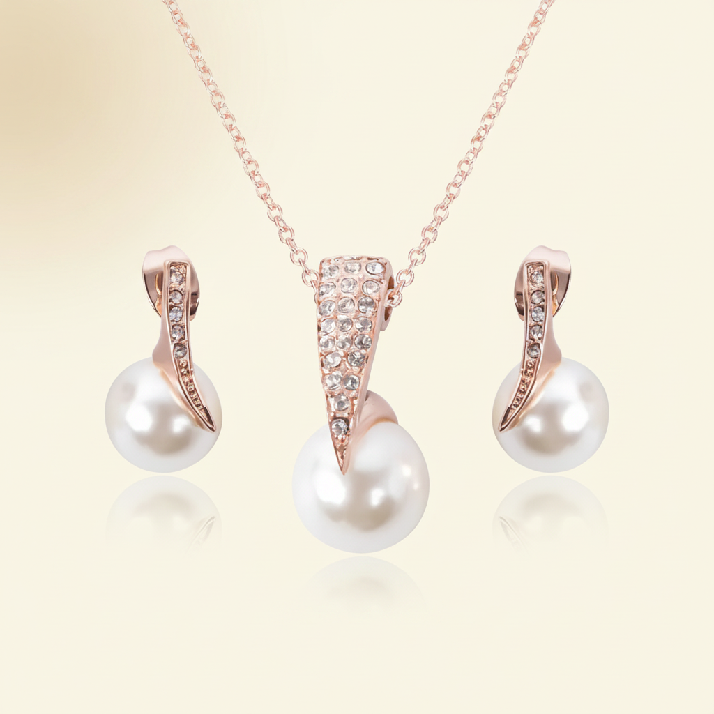 Rose-gold-tone pearl and crystal bridal jewelry set with necklace and matching drop earrings on a warm ivory background