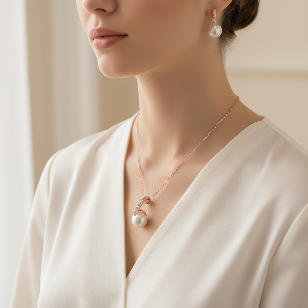 Rose-gold-tone pearl and crystal necklace worn with matching drop earrings on an ivory blouse