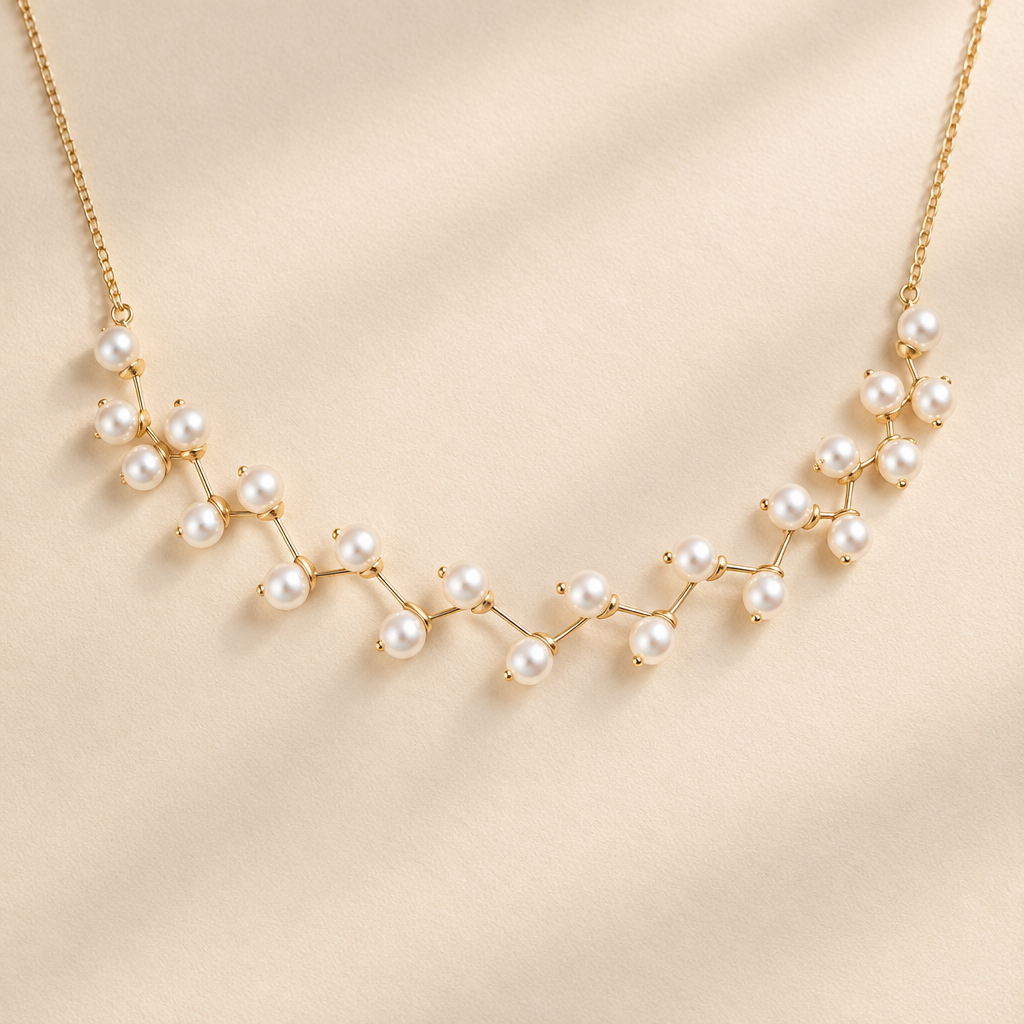 White pearl vine necklace with gold-tone branches on warm ivory background
