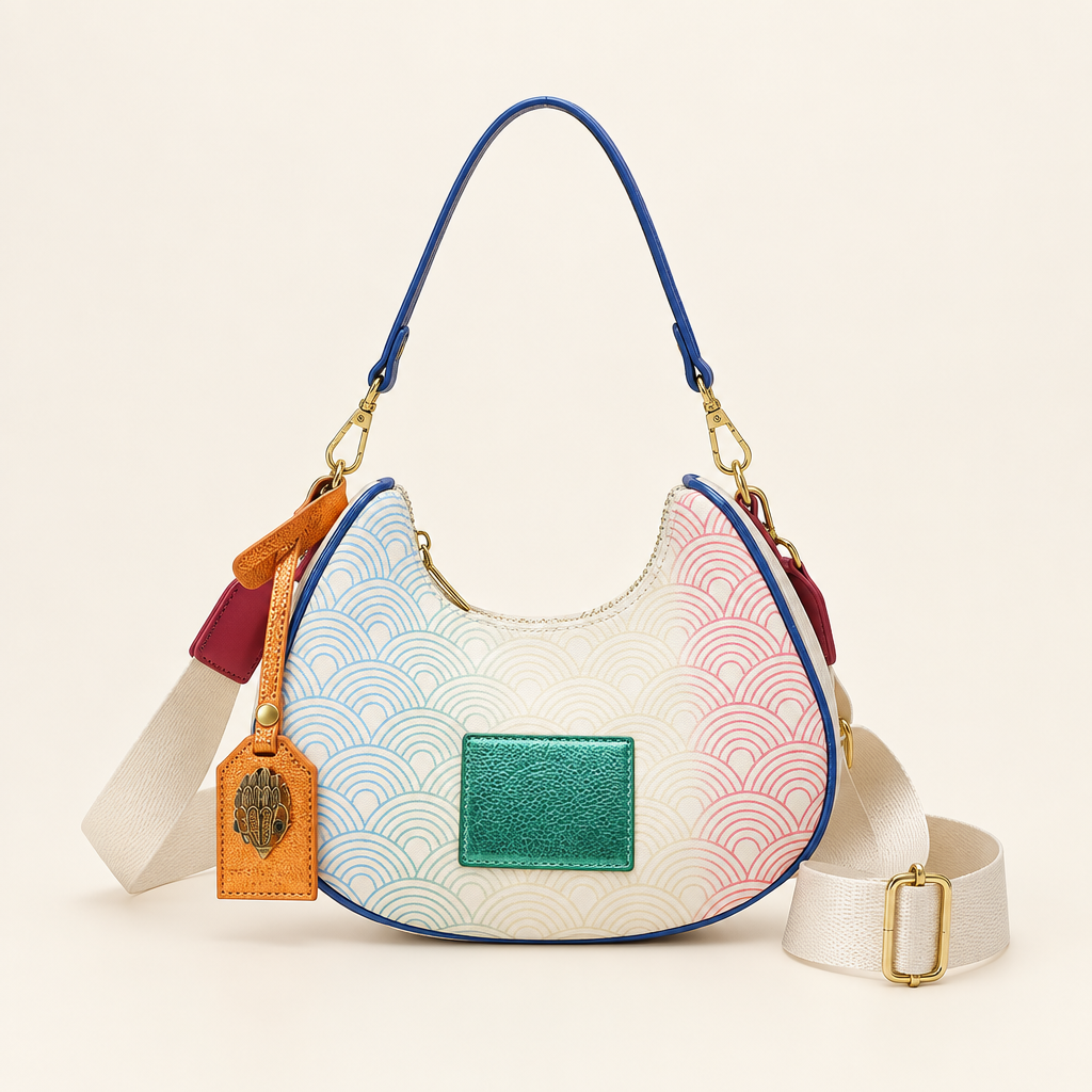 White printed dumpling bag on a warm ivory background